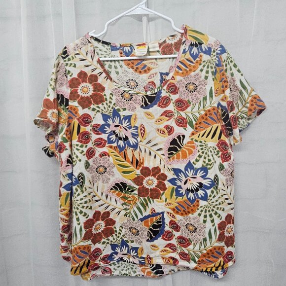 C&C California Orange Blue Floral Blouse Tee Linen Tropical Boho 1X - Picture 7 of 11